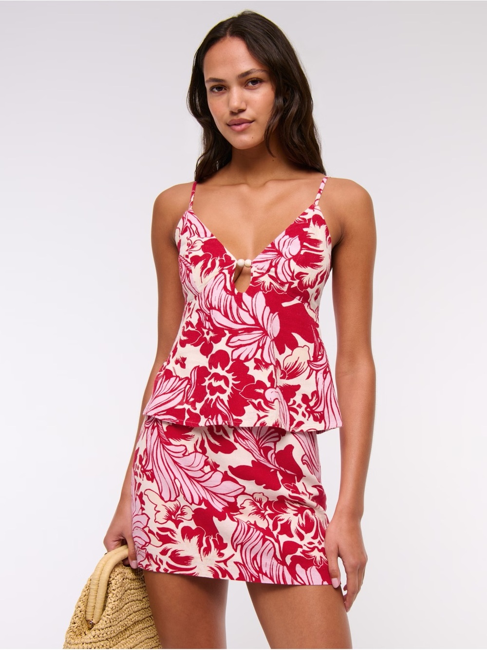 Abercrombie & Fitch Red and Cream Floral V-Neck Camisole & Mini Skirt Set